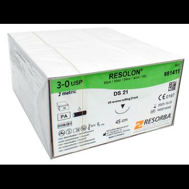 Резолон (аналог пролена) 3/0, игла обр. режущая DS 21мм, 0.45м, голубой (881411,Resorba, тр/уп-36шт)
