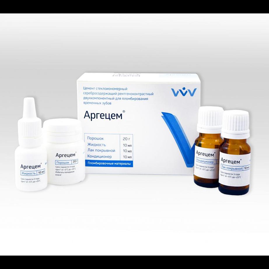 Аргецем - стеклоионом. рентгеноконтр. серебросод. цемент хим. отв. 20г пор, по 10мл жидк., конд, лак