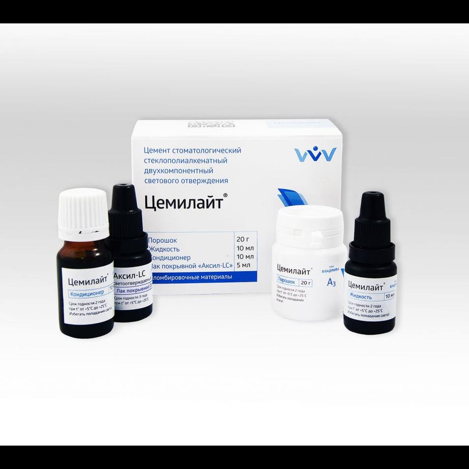 Цемилайт А3 универс. (подкл. и реставр.) пор. 20г, кондиц. 10мл, ж-ть 10мл, лак покр. 5мл (Владмива)