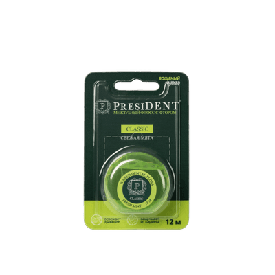 Нить зубная PresiDENT Classic мята, фтор, вощеная, уп-12м